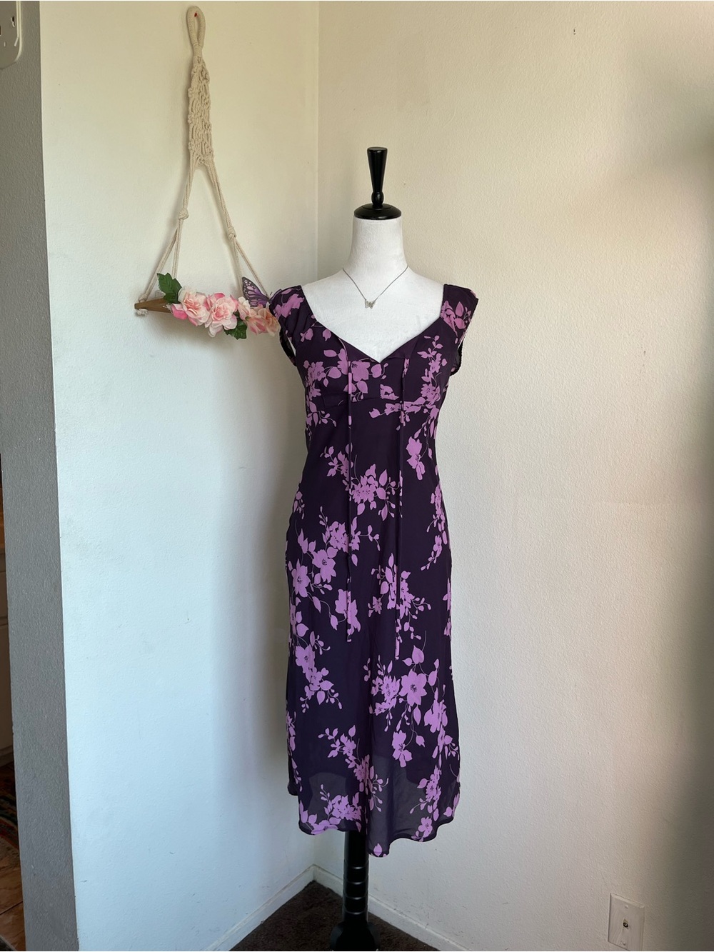 Y2K Charolette Russell Purple Floral Midi Dress size 3 - Picture 1 of 6